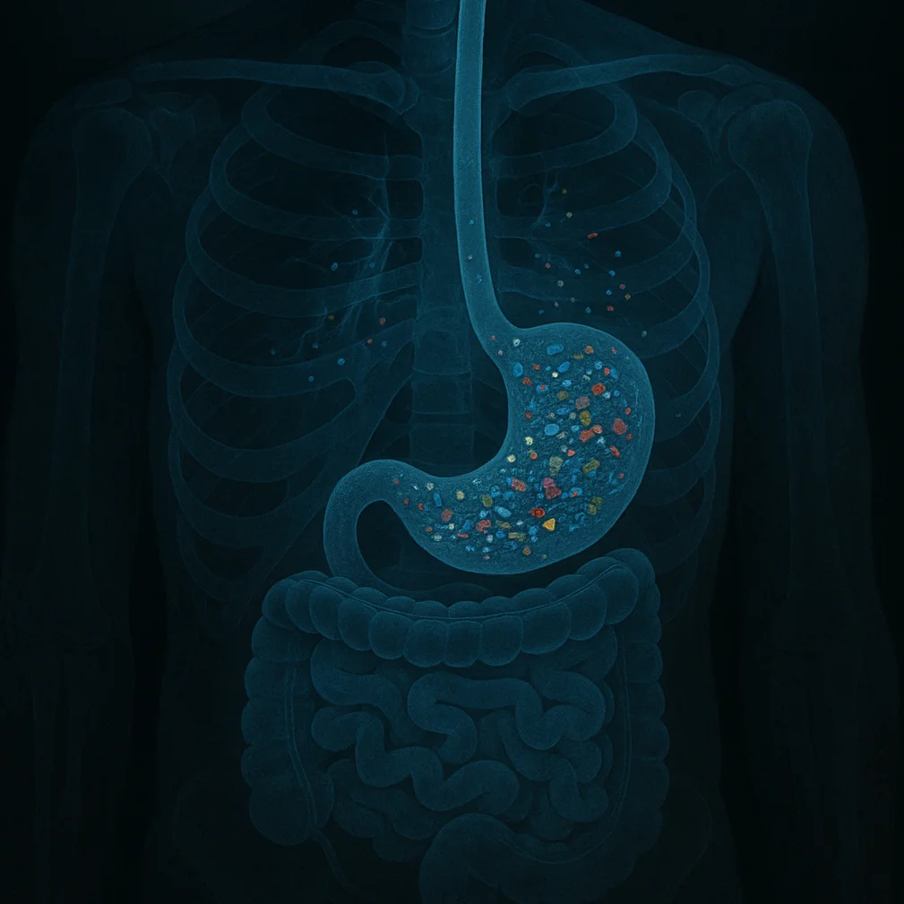 Illustrazione medica in stile radiografico che mostra l'interno del corpo umano contaminato da microplastiche colorate, concentrate nello stomaco e distribuite lungo l'apparato digerente, simbolo dei danni nascosti causati dall'inquinamento plastico nella nostra alimentazione.