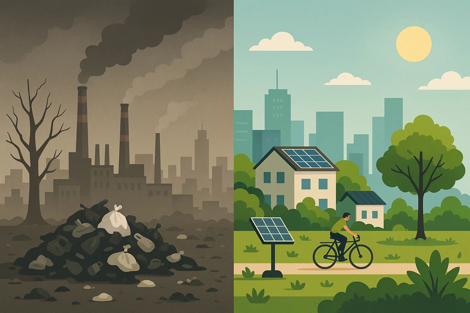 Illustrazione divisa in due: a sinistra una città industriale inquinata con rifiuti e fumo, a destra una città verde e pulita con pannelli solari, alberi e una persona in bicicletta.