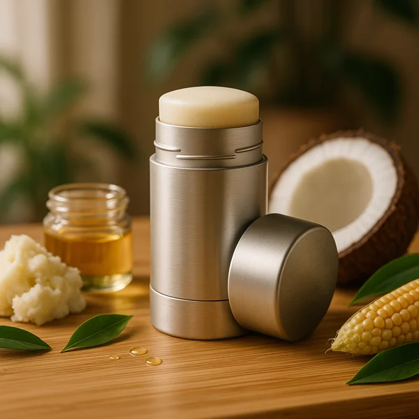 Deodorante ricaricabile in alluminio, circondato da burro di karité, foglie verdi e ingredienti naturali, su superficie in bambù