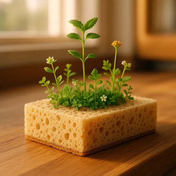 Spugna compostabile in fibra naturale da cui germogliano piante verdi e fiori colorati, simbolo di sostenibilità e rispetto per l’ambiente