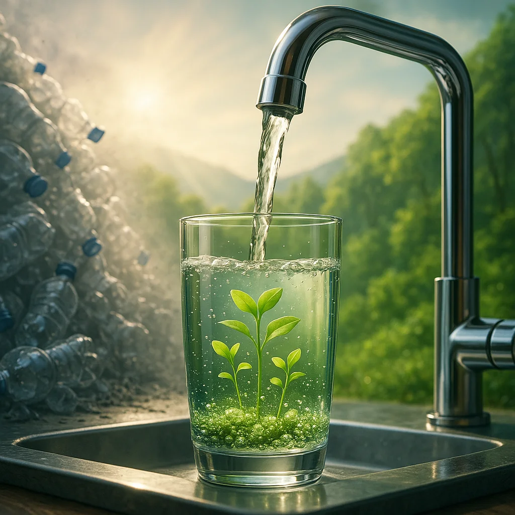 Bicchiere di acqua del rubinetto limpida con piante che crescono al suo interno, simbolo di purezza e sostenibilità rispetto alle bottiglie di plastica.