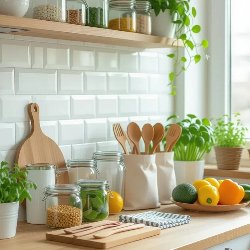 Alt text suggerito: "Una cucina eco-friendly con un piano di lavoro in legno su cui sono disposti contenitori in vetro, sacchetti riutilizzabili in tessuto, posate in legno e cannucce in acciaio inossidabile. Sullo sfondo, una pianta verde e ingredienti freschi come frutta e verdura aggiungono un tocco naturale, evidenziando uno stile di vita sostenibile senza plastica.