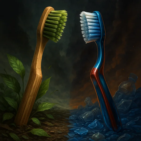 Illustrazione epica che mostra uno scontro simbolico tra uno spazzolino in bambù naturale e uno spazzolino in plastica artificiale, su un terreno metà naturale e metà pieno di rifiuti, con luce drammatica e dettagli realistici.