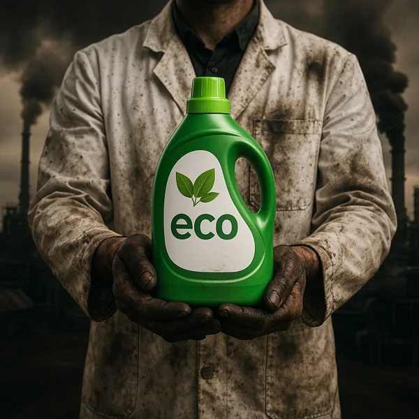 Confezione etichettata come eco che nasconde inquinamento, simbolo del greenwashing